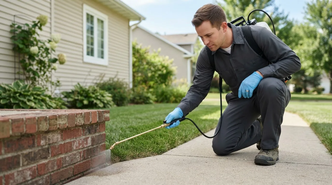 Pest control technician treating a home near Trent, TX