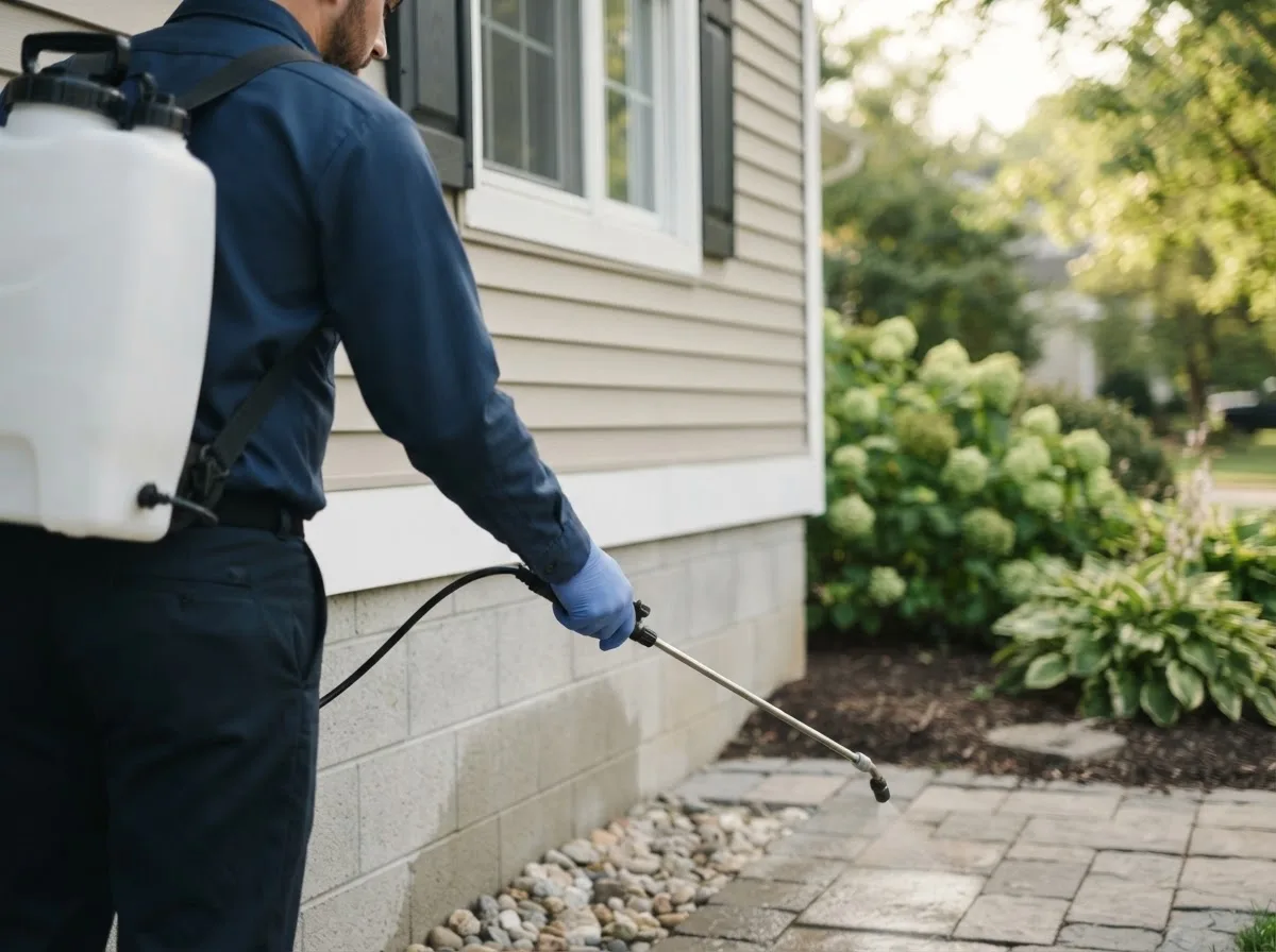 Pest control technician inspecting a home in Trent, TX